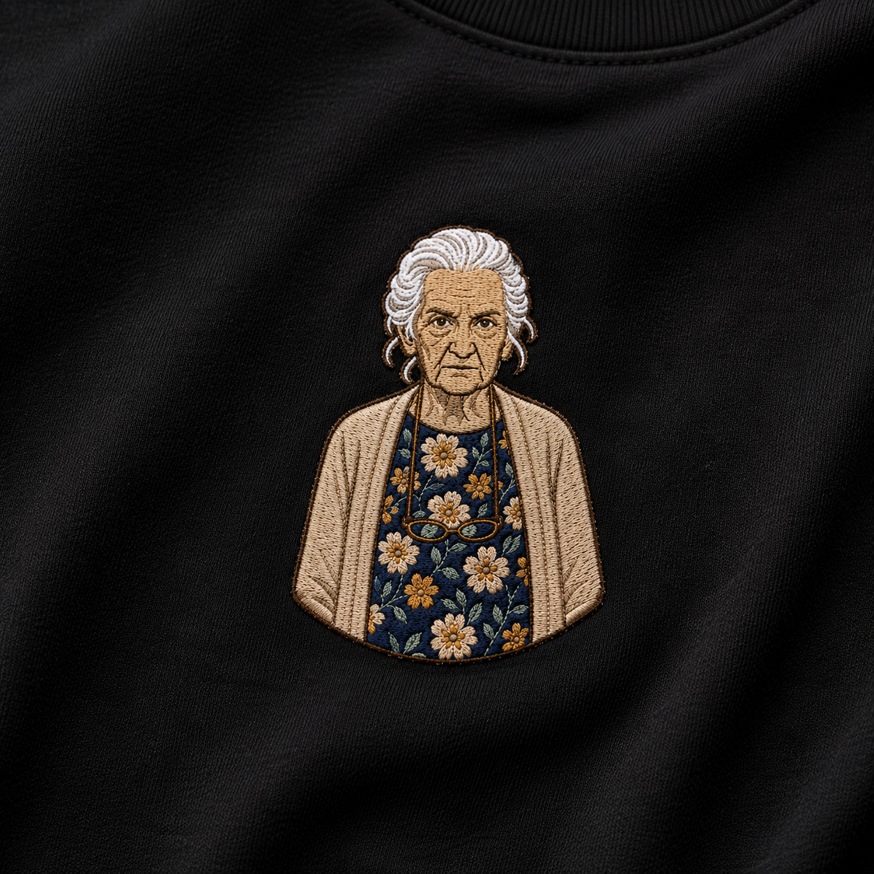 Detalle del bordado de Vicenta en camiseta negra.